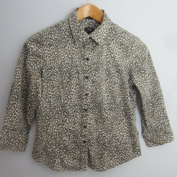 Talbots Womens 6 Petite 6P Brown White Leopard Animal Print Cotton Blouse Shirt - Picture 9 of 11